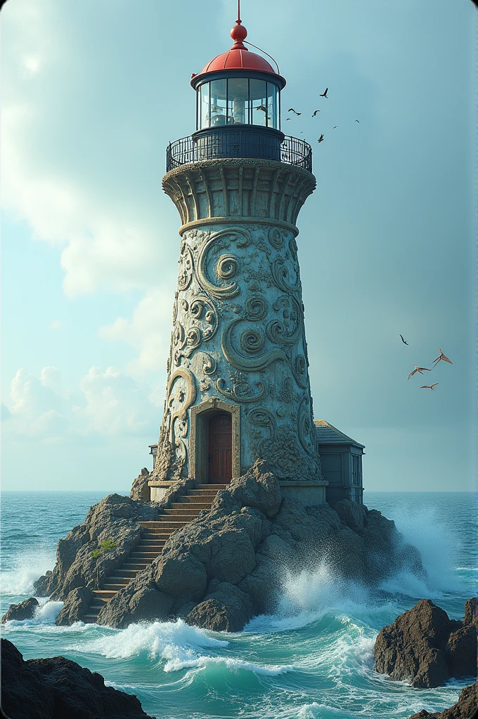 tho walls of lighthouse  were carved with many  elements about  ocean ,such as waves,corals,shells,small fish