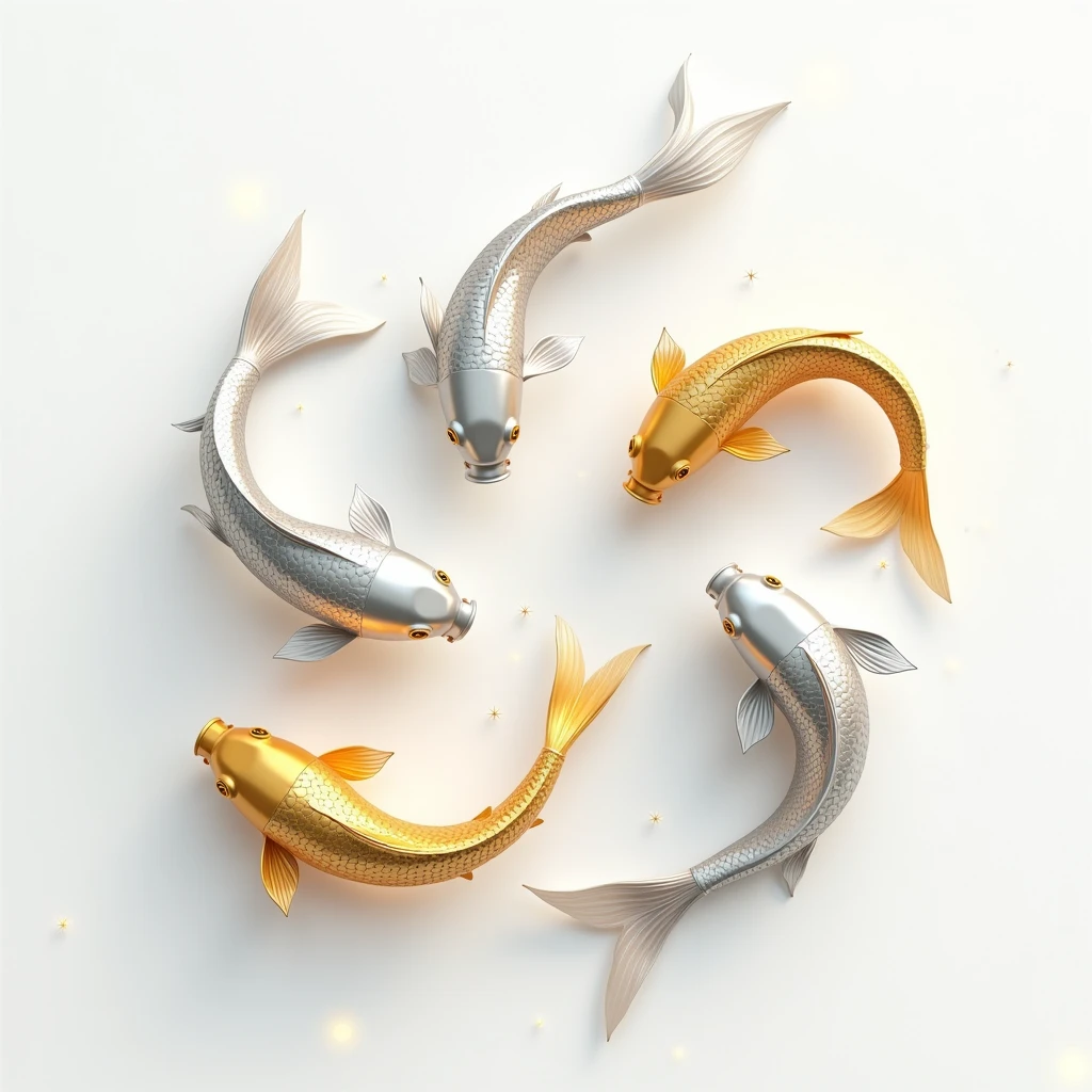 3D illustration of silver koi and gold koi swimming together, white background.Masterpiece, best quality, Twinkling light, Innovation,
