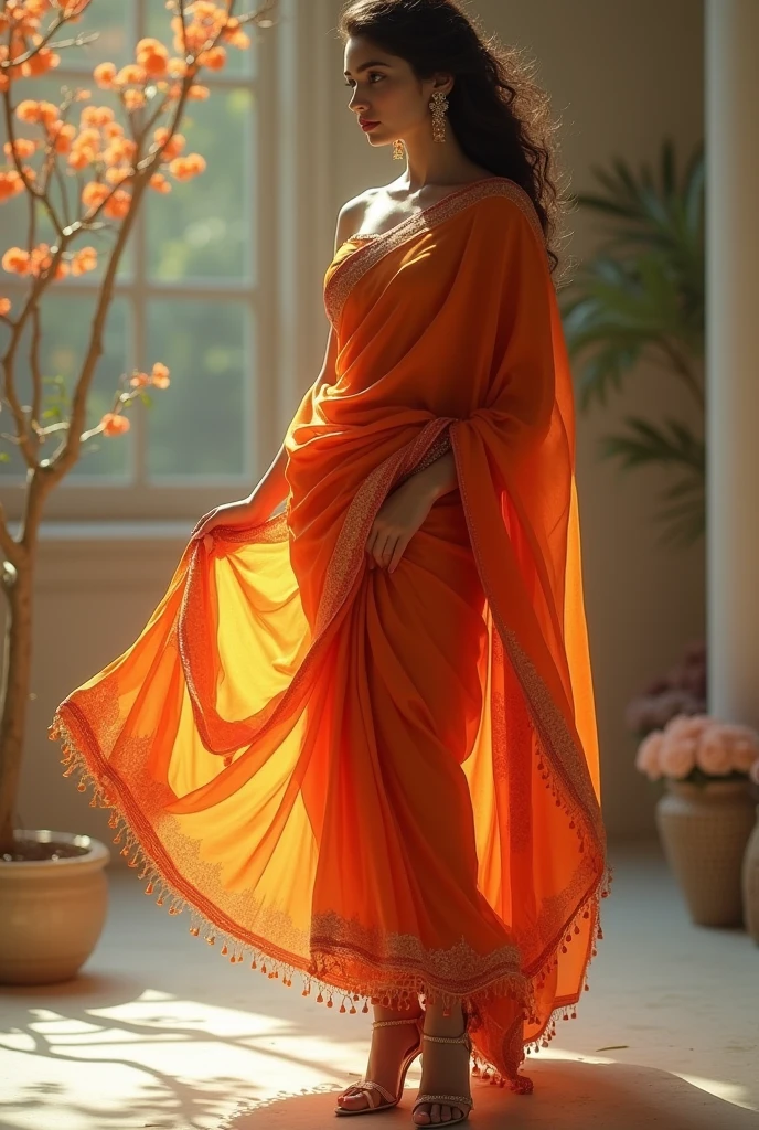 Girl showing her feet with high heel wearing a saree