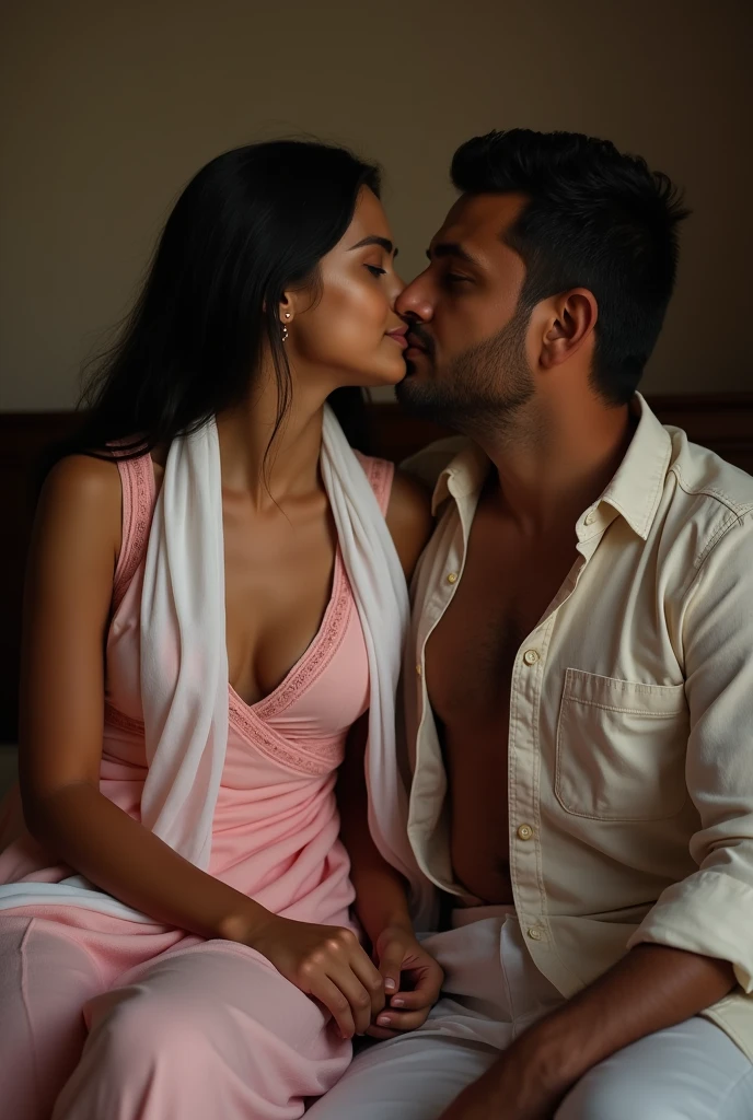 Photo of a very young beautiful Indian Girl, Wearing a tight pink Kurti and white stole tied around her neck, Large U Cut cleavage, Sitting on Bed and Kissing a Old man, Dim light in the room.