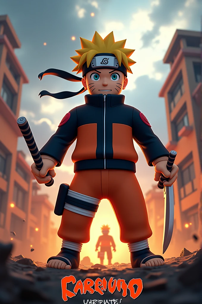 Personnage Roblox Naruto avec ses armes en premier plan et aussi écrit en dessous « Battleground Of Legends » la police d’écriture dois avoir des effets spéciaux comme l’image en elle même 