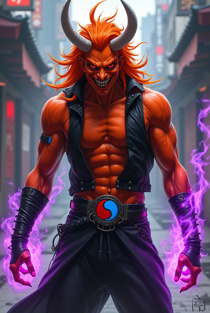 male sexy demon age 20, smile, crazy look, orange skin, glowing red eyes, black sclera, sexy eyes, orange hair, black vest, vest is red into, arms on violet flames, cyberpunk style, japanese style, belt with a blue and red ying-yang, chains around the belt, slim athletic, magic powers, action, leather brown boots with metal pins, black cat nails, attack flying pose, orange hair, white long hornes, hollow horns