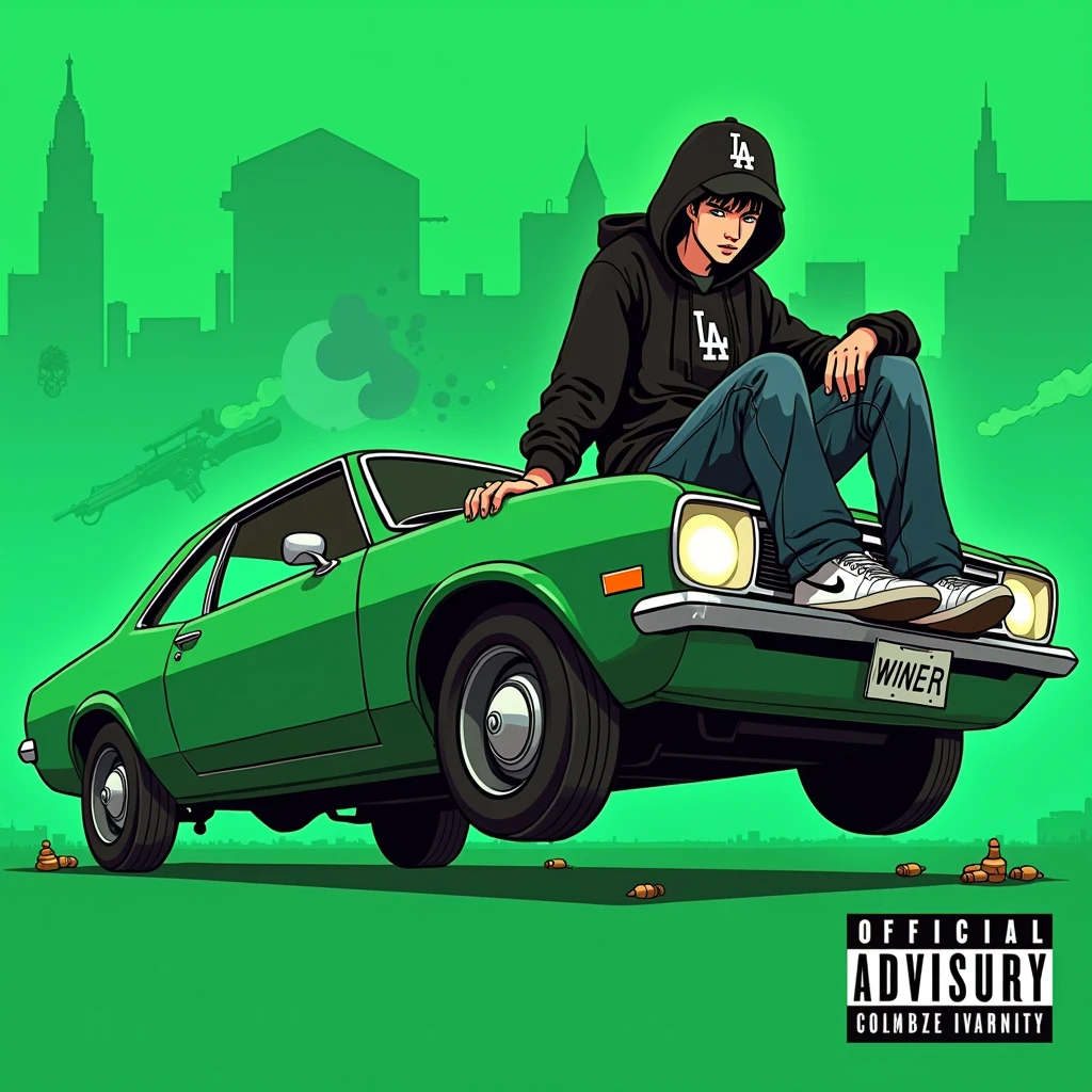 Image of a man sitting on the bonnet of a car, Yoshihiko Wada's album cover, winner of the behance contest, Doodle, official artwork, rap album cover, hip - hop album art cover, colored album art, hip hop music album cover, rap album cover art, official fanart, GTA Cover, hip hop album cover, album art cover, Cartoon character, oriental boy, Running car, Green background, green tea, Deep pressed black LA ball cap, white nike shoes, Black LA Hoodie, Baggy jeans worn down, black neighborhood, Skull, drug, The city seen from behind, korean, white smoke, Headlight light, Troublemakers, Bad boy, dye, Korean flag, Lots of bullets and guns flying around