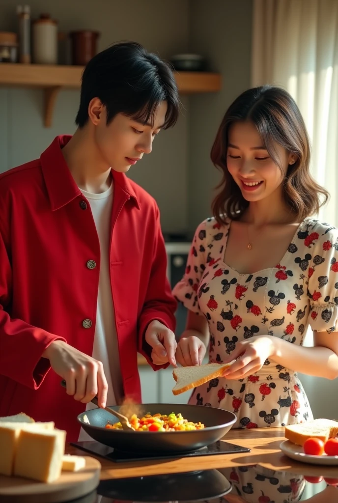 Taehyung BTS , in the kitchen , wearing a red jacket, cooking stir-fried vegetables in a frying pan , and beside him there is a woman in a white dress with a picture of Mickey Mouse , is cutting white bread