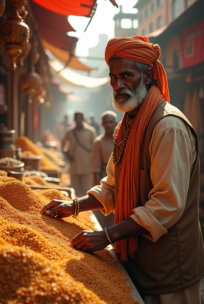 A Indian guy selling grains and taking lot of money 