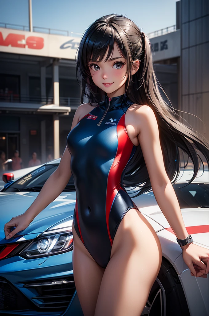 ((masterpiece, best quality, ultra-detailed, high resolution, extremely detailed CG, super detailed, Most beautiful clean lighting)), ((1girl, small, young, cute girl, pretty face, smile, white skin, Beautiful black long hair, black eyes, kawaii, slender, small build, flat , Race queens, car racetracks, racing cars, blue and red swimsuit-like racing suits,