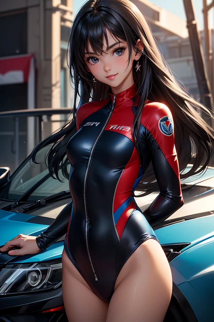 ((masterpiece, best quality, ultra-detailed, high resolution, extremely detailed CG, super detailed, Most beautiful clean lighting)), ((1girl, small, young, cute girl, pretty face, smile, white skin, Beautiful black long hair, black eyes, kawaii, slender, small build, flat breasts, Race queens, car racetracks, racing cars, blue and red swimsuit-like racing suits,