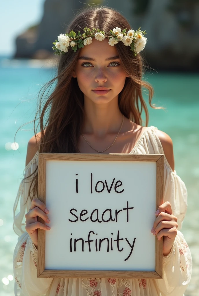 Beautiful girl with wavy long hair, bohemian dress, holding a white board with text "I Love Seaart Infinity" and showing it to the viewer