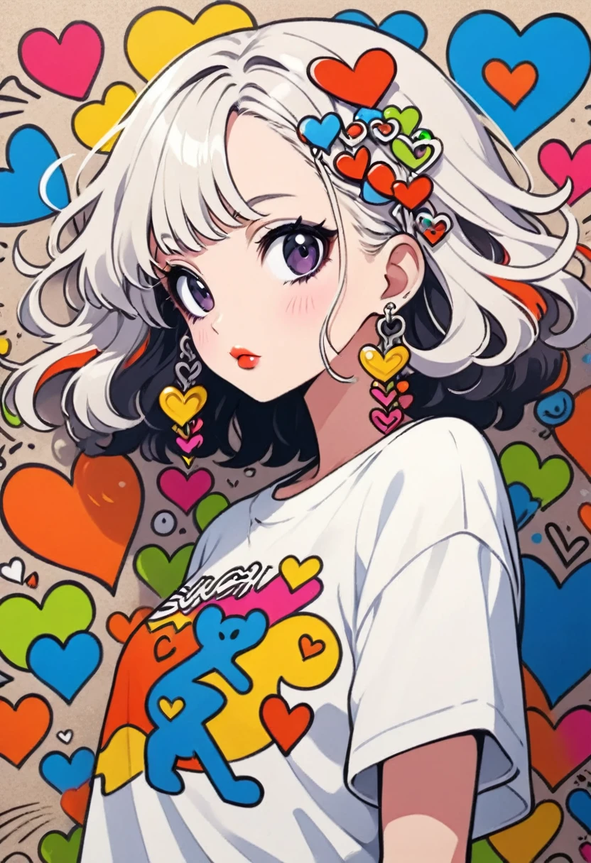 Ultra-realism Keith Haring colorful style, Simple Line Initialism,Abstract art,(((The most beautiful girl of all time))), Sweet face. Lips in love, colorful hearts, stylish design, Summer beach fashion, Dark Eyes, Graffiti on the wall