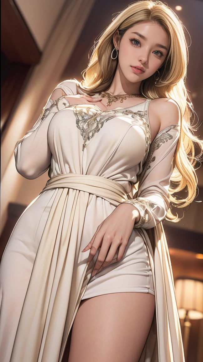 ((最high quality, 8k, masterpiece: 1.3, Ultra HD, high quality, 最high quality, High resolution, realism)) 、Two beautiful white women、Hair Color: Blonde、Blue Idium Hair、Straight hair、smile、A slim but well-proportioned muscular body,((Super long blonde hair_reaching down to her west:1.7)),((Hair with loose waves inside:1.3)),((gold necklace＿Large earrings:1.2)),((shy smile:1.4)),((mideum breasts:1.3)) ,((left hand on waist_right hand on groin:1.7)) ((Hotel reception background, Blurred Background:1.4)),((Flowing white dress decorated with intricate silver embroidery_long sleeve_Thin:1.3))
