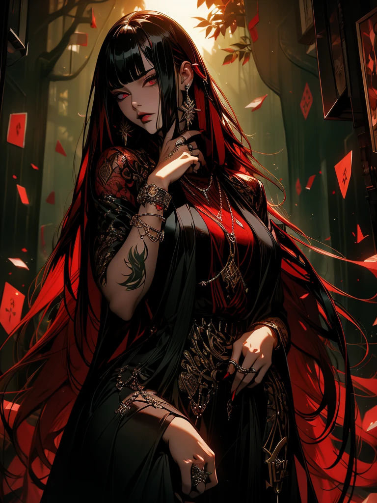 "In this visually striking piece of digital art、Journey into a world of fantasy and wonder。. A mysterious woman with long red hair and seductive black clothing stands in a lush forest。, Her body is、Adorned with intricate tattoos that seem to come to life in the bright sun。."