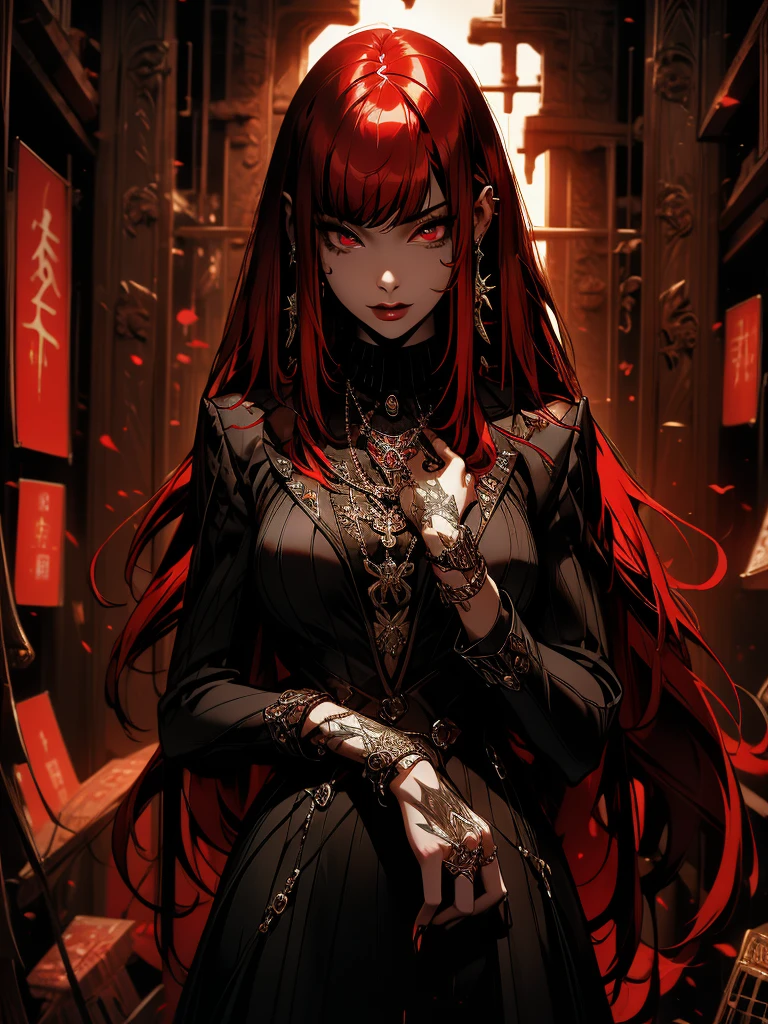 "In this visually striking piece of digital art、Journey into a world of fantasy and wonder。. A mysterious woman with long red hair and seductive black clothing stands in a lush forest。, Her body is、Adorned with intricate tattoos that seem to come to life in the bright sun。."