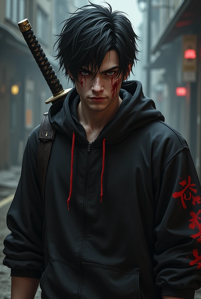 An injured male character with red eyes, black hair tossed to one side, black sweatshirt with red details, and a katana