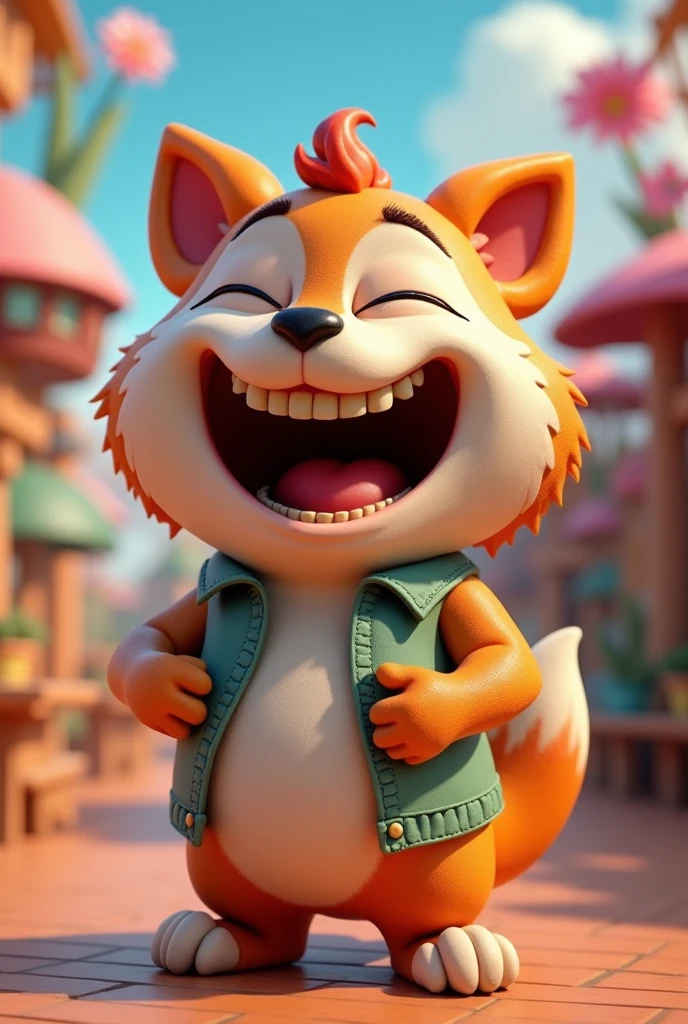 caricature 3D, whimsical, An anthropomorphic (animal name) is laugh big, ada tulisan "trendy konter"