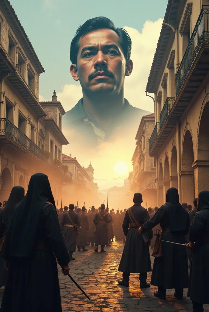 Societal Changes in the Philippines in the 19th Century during Rizal's Time, showing the change of the influence of the Catholic Church waning as the new age comes

Show Rizal and the change of society in the context of Intramuros 

Show revolutionary soldiers kicking out Spanish priests and the dawn of the new age with Rizal's face transparent in the sky