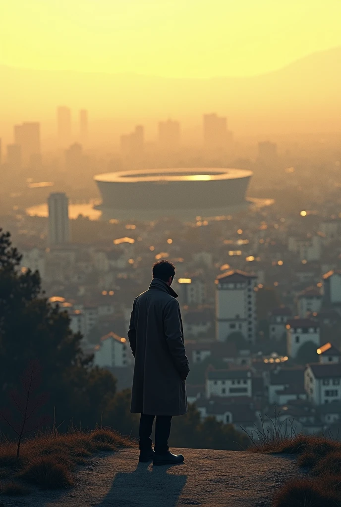 Large city with small houses and a round stadium far away in the horizon. A detective looking from a road of a hill when it is yellow evening (without sun) with no large buildings