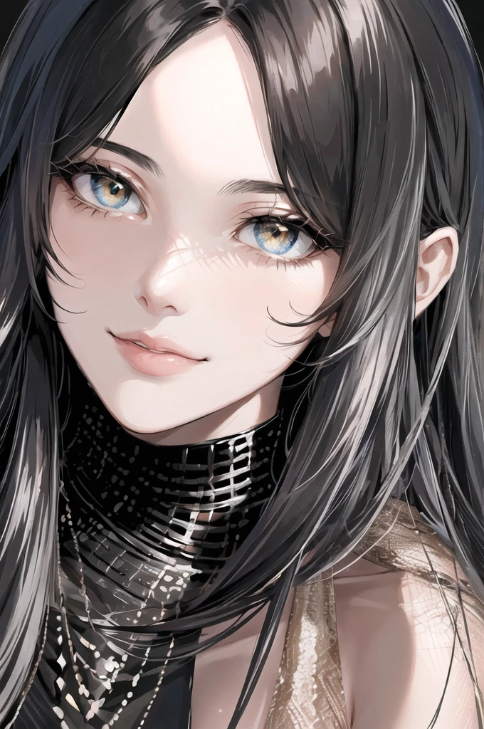 a beautiful woman, in the style of texture-rich layers, dark black and light black, the pictures generation, natural lighting, textural layers, celebrity image mashups, wavy --ar 9:16 --stylize 750 --v 6a drawing of a woman with white long hair and a blue eyes