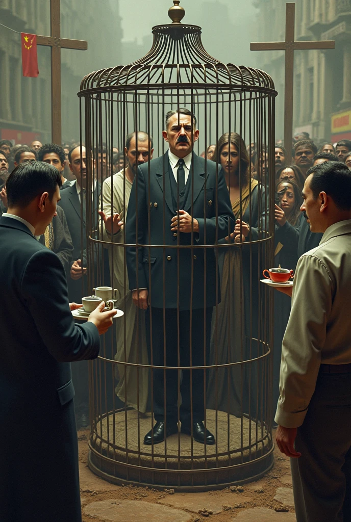 Generate an image
with hitler in cage infront of hitler there is jewish serving tea to allaha and jesus to dominate god due to high population with chines diplomate with a rope in which black people is sleeping
