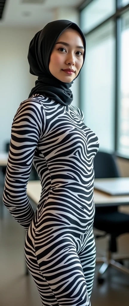 The beautiful,thin and clever asian muslimah adult girl with beautiful cheeks wears plains zebra print lycra turtleneck unitard catsuit covered with stripes and plains zebra print lycra elastane stretchy dancewear shawl hijab covered with stripes.She is working in the office.She is a my teacher.