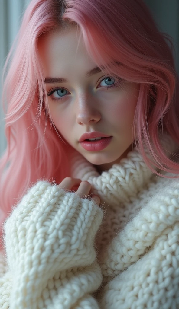 Une fille adulte aux cheveu rose et long avec un pull blanc à long poil doux zommet sur son buste  près a t'embrasser tout près de l'image avec des yeux bleus en spirale 

