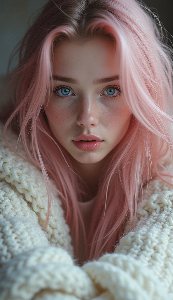 Une fille adulte aux cheveu rose et long avec un pull blanc à long poil doux zommet sur son buste près a t'embrasser tout près de l'image avec des yeux bleus en spirale