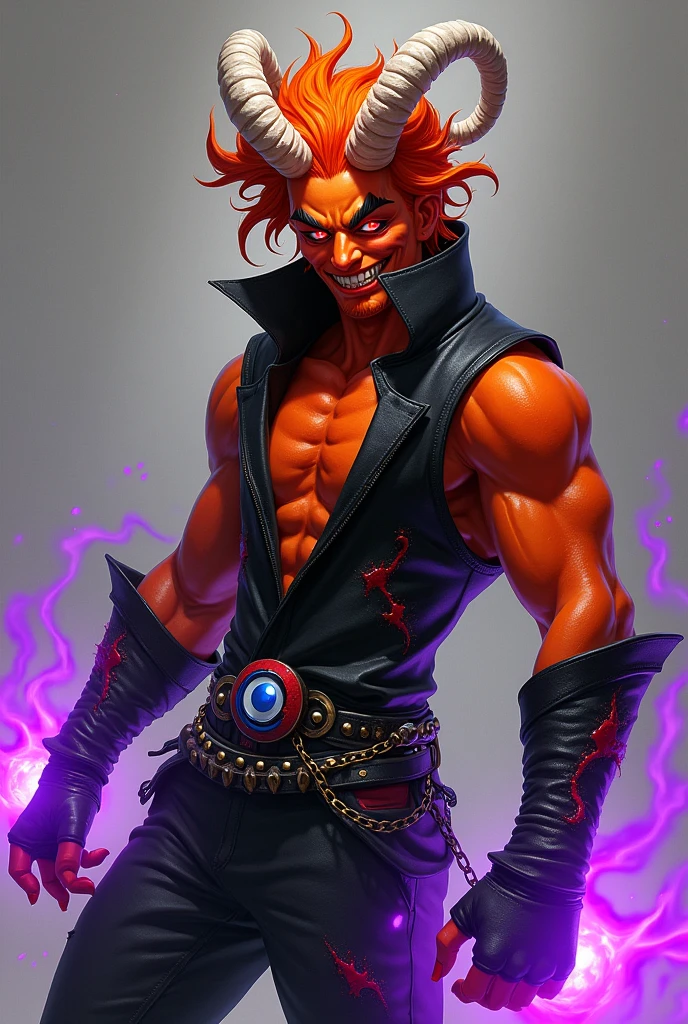 male sexy demon age 20, smile, crazy look, orange skin, glowing red eyes, black sclera, sexy eyes, orange hair, black vest, vest is red into, arms on violet flames, cyberpunk style, japanese style, belt with a blue and red ying-yang, chains around the belt, slim athletic, magic powers, action, leather brown boots with metal pins, black cat nails, attack flying pose, orange hair, white long hornes, hollow horns