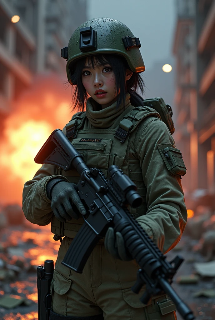 Photo-realistic, ultra-realistic, very beautiful Japanese, famous Japanese idol, (Fully equipped for battle:1.5), holding m4a1 large assault rifle, (amazing view of A building destroyed by a missile explosion:1), (she is very scared and crying:1), (wearing an army soldier's Camouflage outfits with military helmet:1.5), (at a battle field of Abandoned Building at night), very large breasts, (tactical vest, military harness:1.3), (military long boots:1),