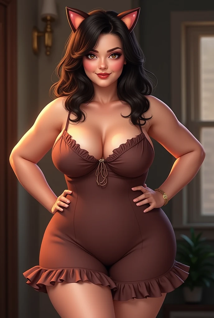 fat, busty, milf, brunette, cat ears, sundress, mole on cheek, front view