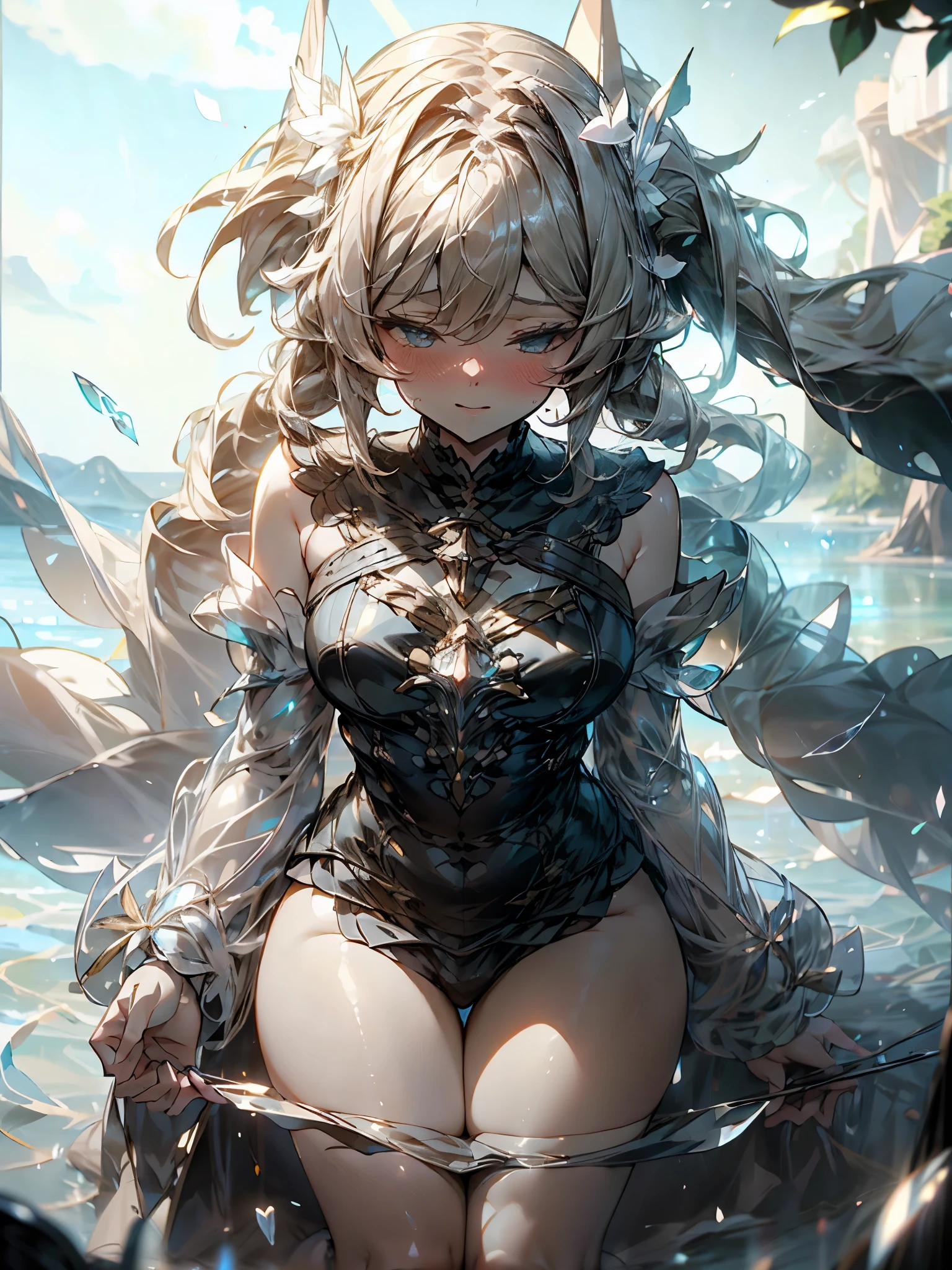Floating hair and detailed mouth,a smile、The girl wears a white hair ribbon with a black border、magical 、intricate detailes、doress、clear and beautiful、full bodyesbian、Best detailed girls、thick thight、Slouched、Beautiful detailed whole body、perfect bodies、femele、20yr old、long light wavy hair、hime-cut、bangss、air bangs、Beautifully detailed longtail、Flat knitting、red streaked hair、 beautiful detailed hair、extremely beautiful detailed anime face and eyes、^ ^、beautiful detailed deep eyes、Parted lips、Delicate arm and hands、highlydetailed skin、Large top sleeve、Hair bow、Feathers in the dress、Complex filigree、sleeveless dresses、bra very、translucent fluttery skirt、over exposure、long top sleeves past the fingers、bare thigh、finely detailed cloth、cyan color clothing、plein air、flower petals、 many scattered luminous petals、shimmer、refined rendering、Highly detailed CG8k wallpapers、8k wallpaper、masterpiece、