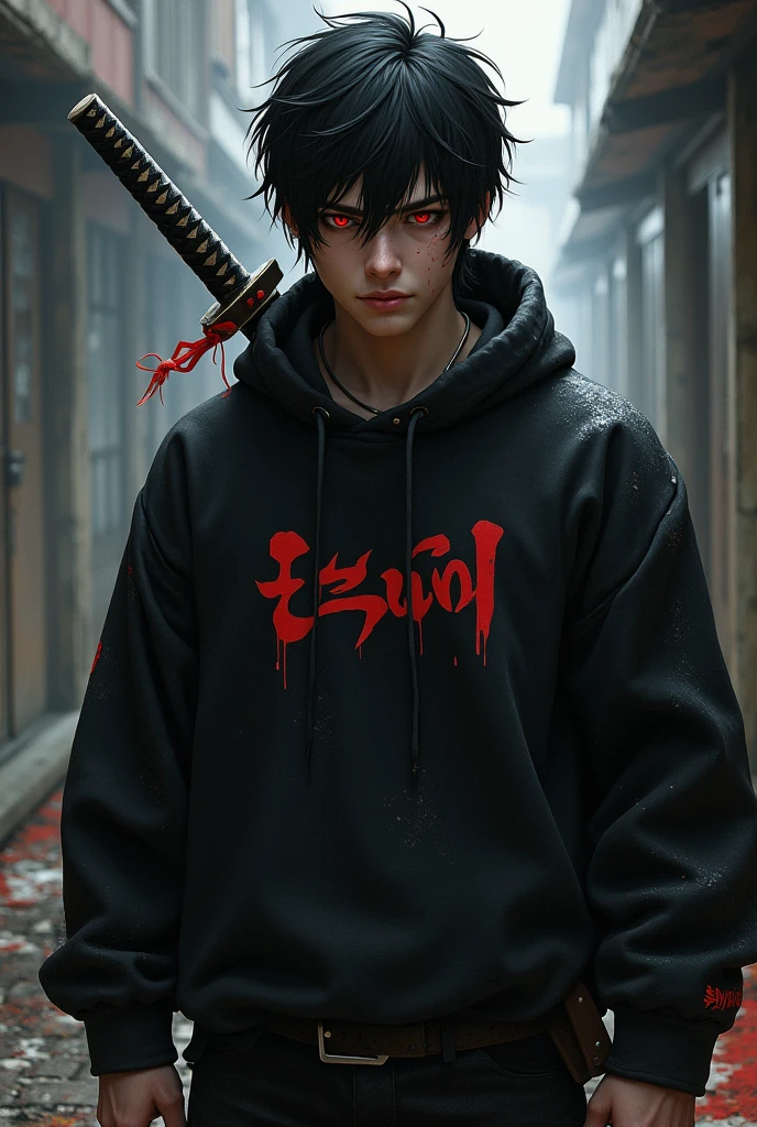 An injured male character with red eyes, black hair tossed to one side, black sweatshirt with red details, and a katana