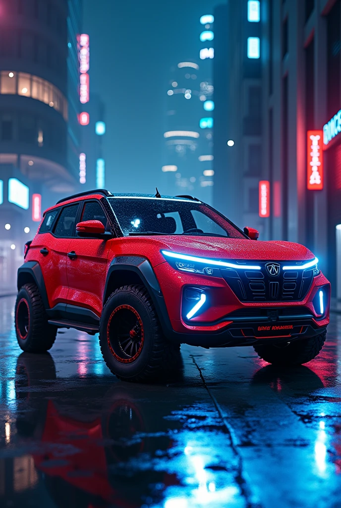 Mahindra scorpio
in sports body in red colour with blue neon lights