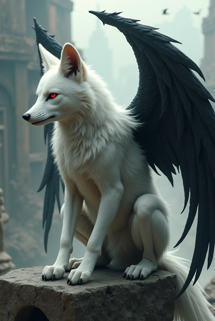 The beastman, a white fox with red eyes, sits on a stone like a man with his legs dangling against the background of a ruined city with a drooping face, he has big black wings on his back, a black arch flies over his head