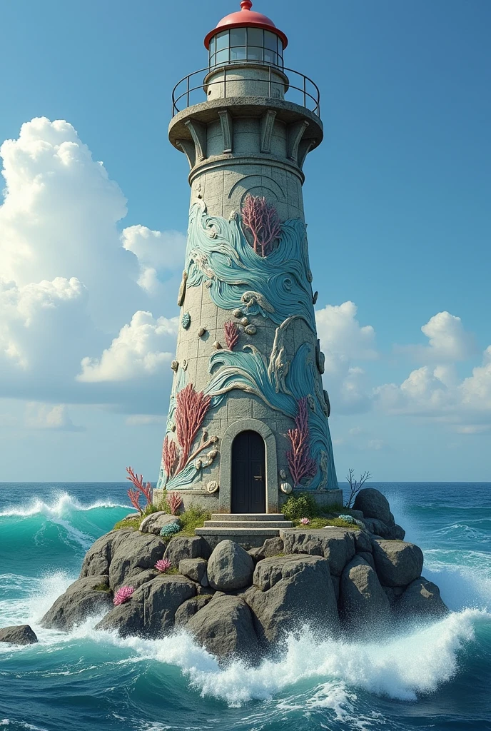 tho walls of lighthouse were carved with many elements about ocean ,such as waves,corals,shells,small fish