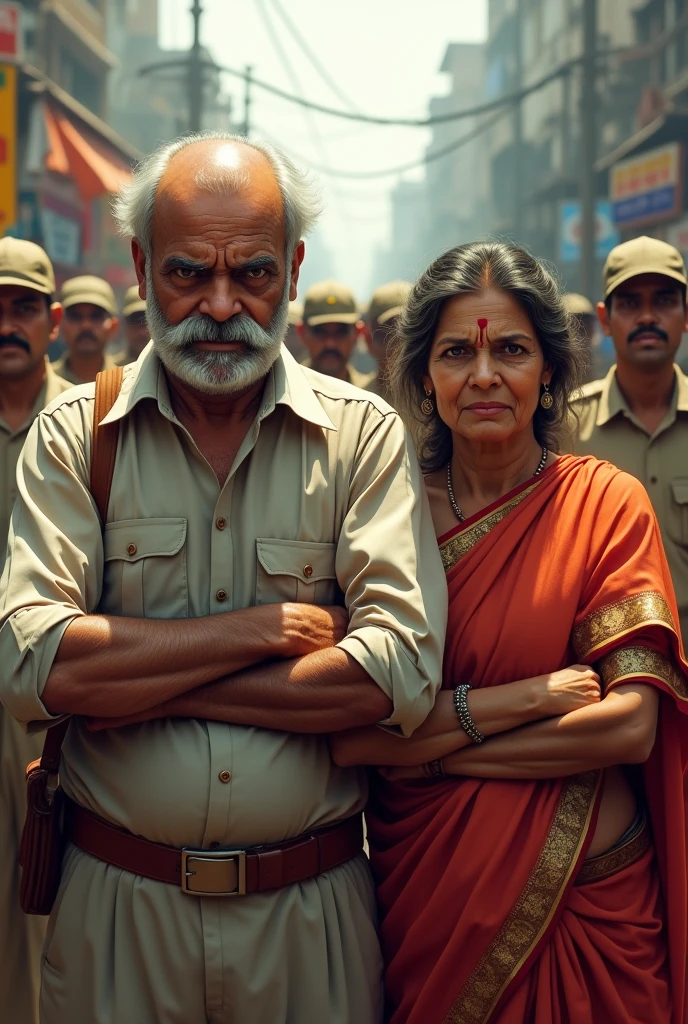 Imagine and old Indian father mother angry on police