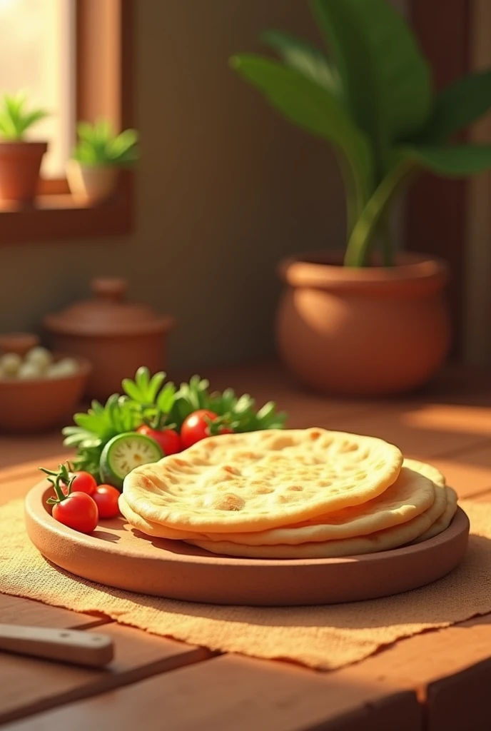 In cinematic 3D cartoon style "Place a simple meal, such as flatbreads and vegetables, on a table or mat. Make sure the food looks modest, yet inviting.
The Scene with Sehu:"