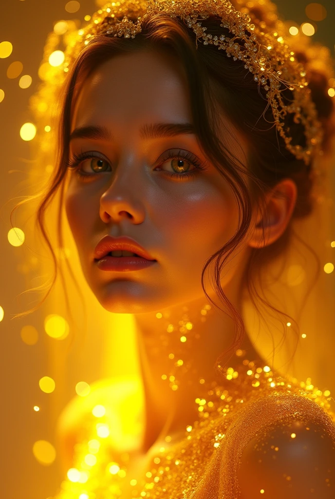 a woman covered in golden honey, detailed eyes, detailed lips, long eyelashes, intricate honey dripping down skin, glowing skin, radiant lighting, ultra-detailed, 8k, high resolution, photorealistic, cinematic, dramatic lighting, lush colors, warm color palette, fantasy, magical, ethereal, dreamlike