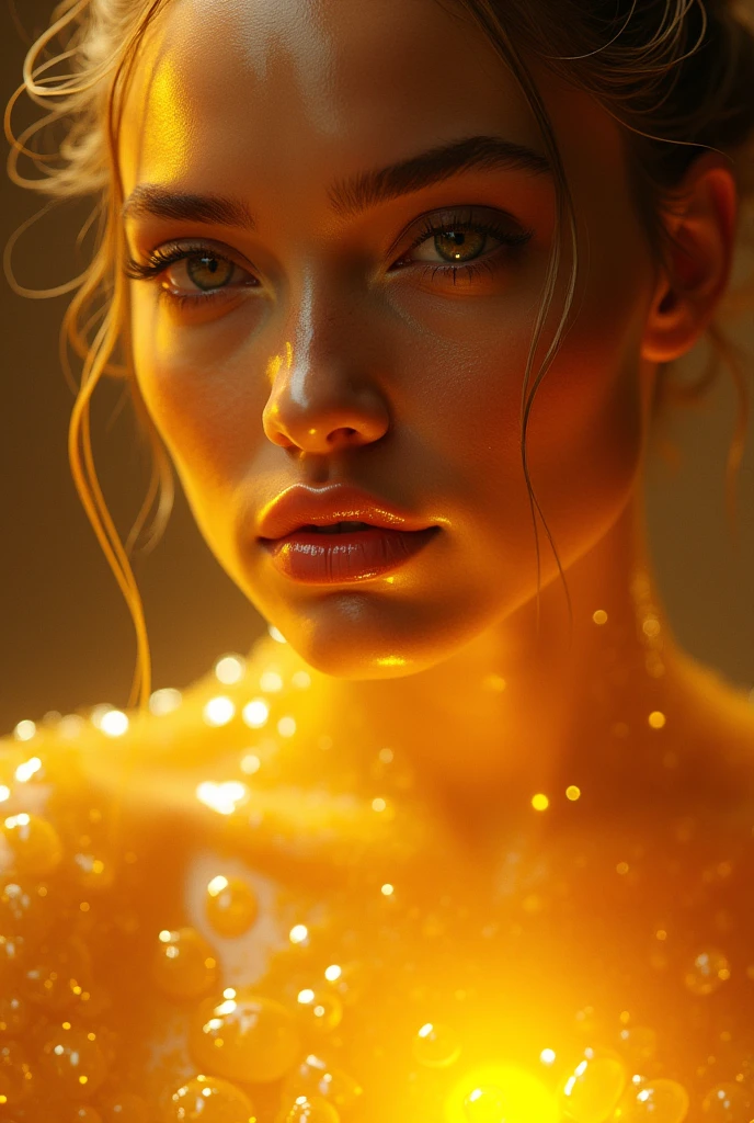 a woman covered in golden honey, detailed eyes, detailed lips, long eyelashes, intricate honey dripping down skin, glowing skin, radiant lighting, ultra-detailed, 8k, high resolution, photorealistic, cinematic, dramatic lighting, lush colors, warm color palette, fantasy, magical, ethereal, dreamlike