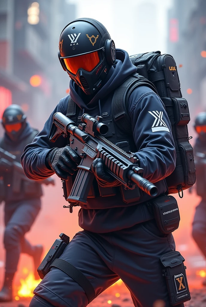 Here's a prompt for creating an image of AnshX as both a Rusher and Supporter for Xypher Esports:
"Design an image of AnshX as a dual-role player, combining the roles of Rusher and Supporter for Xypher Esports. AnshX should be depicted in dynamic action, wearing a high-tech esports uniform with Xypher Esports branding. He should be armed with advanced weapons or gear suitable for aggressive play, like a submachine gun or a versatile rifle, while also carrying supportive equipment such as medkits or deployable shields. The background can show a fast-paced combat scene with elements of both aggressive rushing and strategic support, such as teammates in the foreground and a chaotic battlefield in the background. The overall look should highlight AnshX’s versatility and teamwork skills."