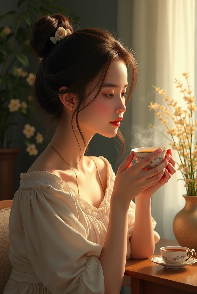 Girl holding a cup of tea while listening song and enjoying it