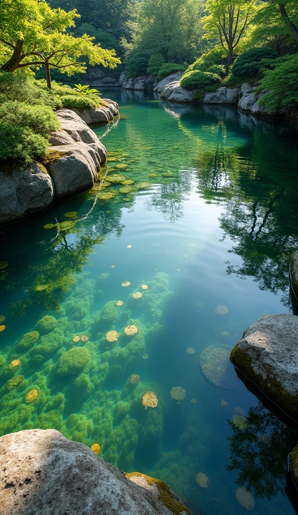 (masterpiece:1.2,best quality,Ultra-high resolution,Very detailed,Practical,Ultra-high resolutionのカメラ),8K,wallpaper,(Photographing the pond from above),(After removing the water reflection,Detailed depiction of the pond bottom.:2.0),Sunlight,Japanese Garden,Tranquil scenery,Rehabilitation