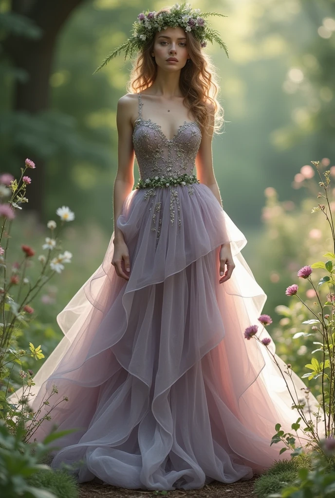 A dusty purple tulle wedding dress with glitter and sage green accents like flowers and leaves
