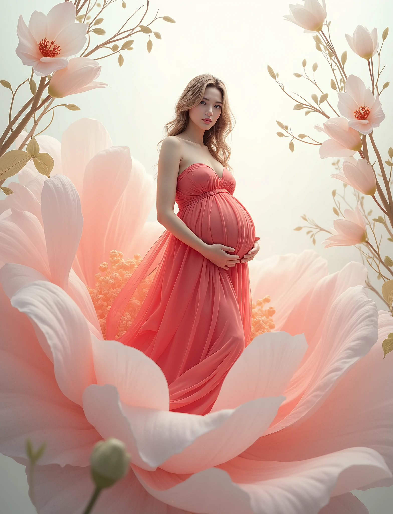 pregnant woman in red dress standing in a large flower, digital art inspired by Igor Kieryluk, trending on cg society, digital art, maternal photography 4 k, perky woman made of petals, pregnant belly, stunning elegant pose, flower goddess, lady with glowing flowers red dress, maternity feeling, red dressed in a flower dress, photo manipulation, beautiful and graceful, pregnant, leaf flowing in air