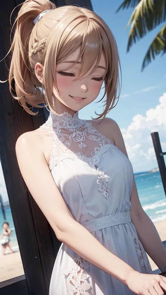 1. Female, face, (1. Female:1.37, alone),  Face Focus, (Beauty, cuteface), (Semi-long hair, ponytail), (Beautiful green eyes with beautiful details), (((cute, Smile, close your eyes))), Idol Idol, break, sunny, White color from diagonally above, At the sparkling beach, Pure white all lace dress, Delicate, Swaying in the Wind, Dynamic Pose, One cut from a music video, The cameraman takes the best shot from the angle, Very detailed CG 8k, Very nice 8K CG wallpaper, Anime Moe Art Style, Beautiful Anime, 8K Anime Art Style, Anime Style、Detailed 8K animation, (masterpiece, Highest quality), High resolution, Very detailed, Ultra Sharp, Cinema Lighting