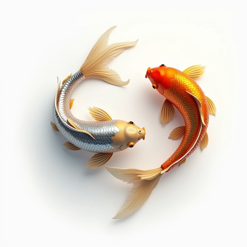 3D illustration of silver koi and gold koi swimming together, white background.Masterpiece, best quality, ling light,american propaganda poster,