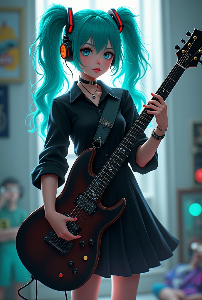 ((masterpiece, Highest quality))One person, alone, Black Dress, blue eyes, electric guitar, guitar, Headphones, Double Ponytail, Holding, Holding plectrum, musical instrument, Long Hair, music, One side up, Turquoise Hair, Twin tails, guitarを弾く, Pleated skirt, Black Shirt, Interior 5D Vector: 【a: 0.3, c: 0.7, It is: 0.8, I: 0.6, M: 0.9】trick-art Multi-layer structure abstract
