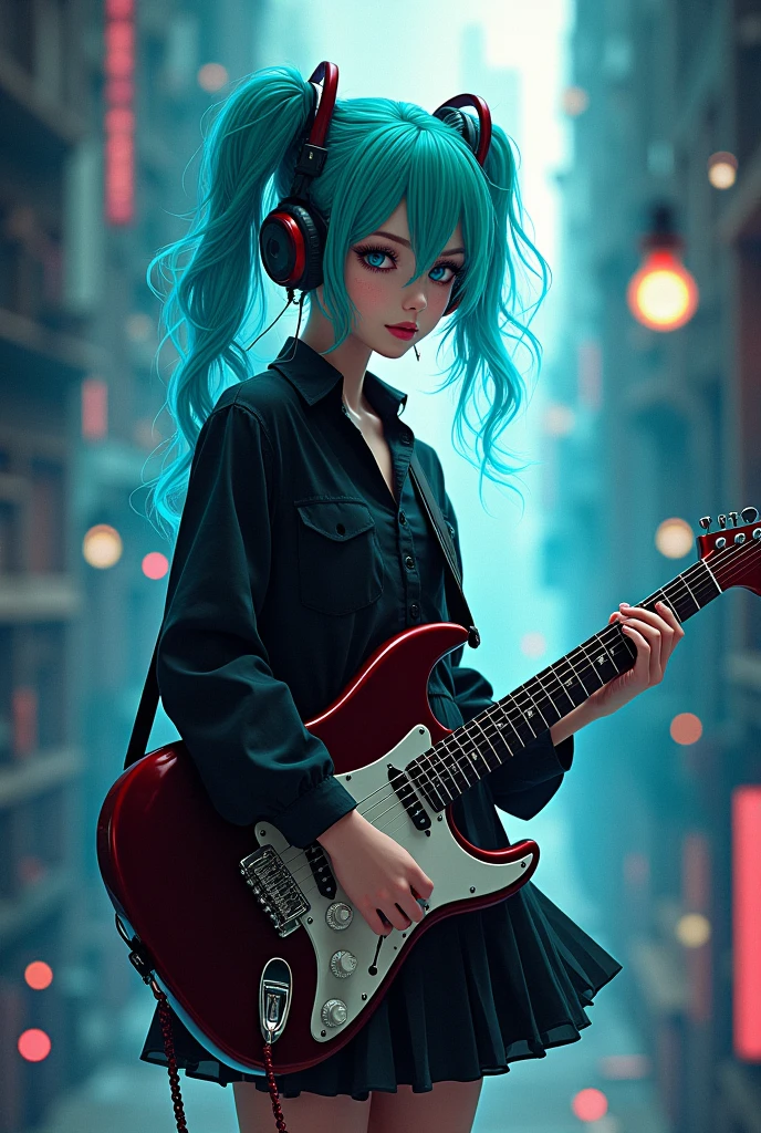 ((masterpiece, Highest quality))One person, alone, Black Dress, blue eyes, electric guitar, guitar, Headphones, Double Ponytail, Holding, Holding plectrum, musical instrument, Long Hair, music, One side up, Turquoise Hair, Twin tails, guitarを弾く, Pleated skirt, Black Shirt, Interior 5D Vector: 【a: 0.3, c: 0.7, It is: 0.8, I: 0.6, M: 0.9】trick-art Multi-layer structure abstract