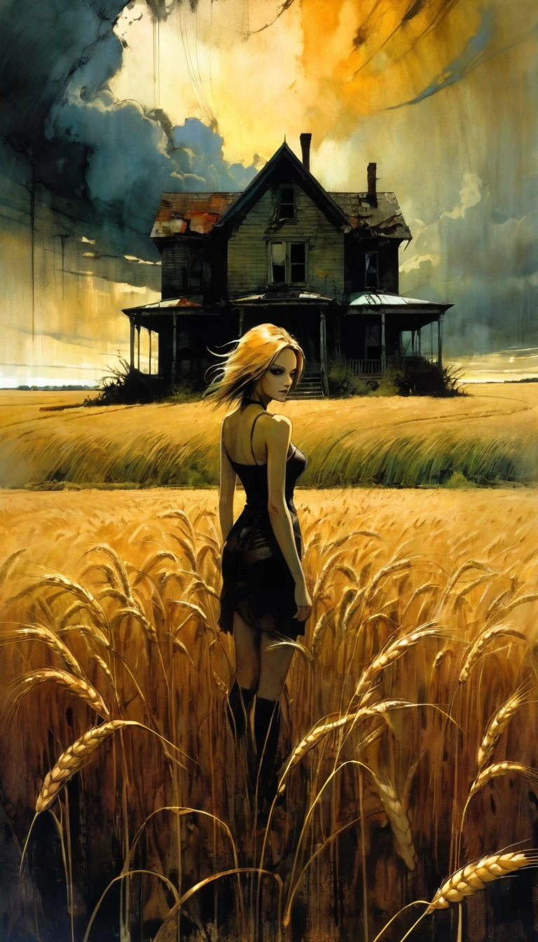 a wheat field, dark clouds, an abandoned house, a sexy woman standing in the middle of the scene in the distance,a art inspired by Bill Sienkiewicz and Dave McKean
