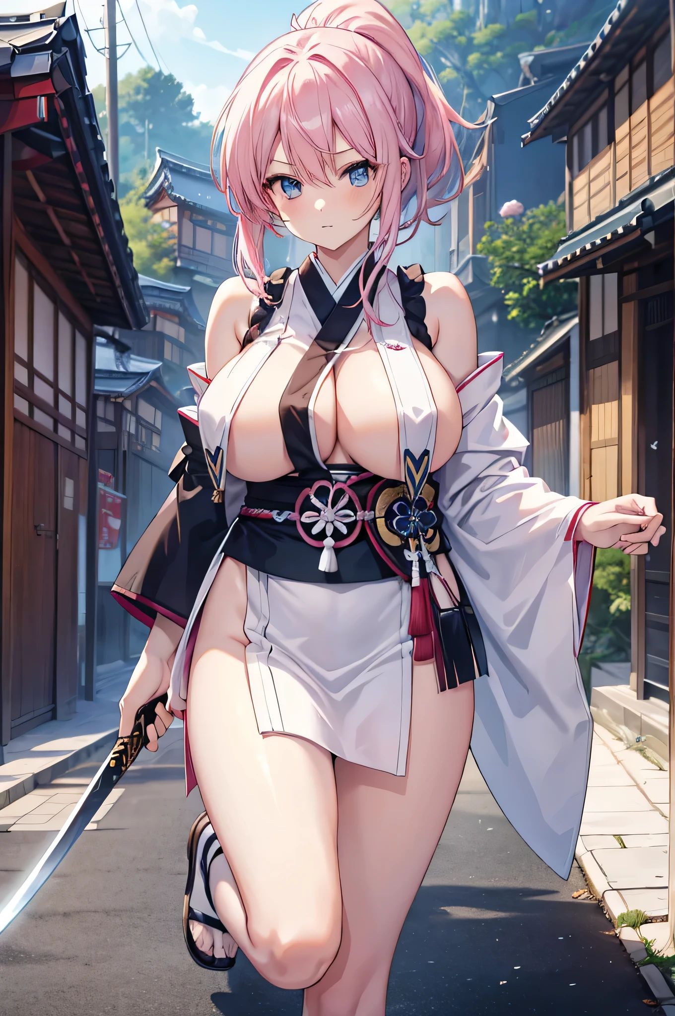 4K,High resolution,One Woman,Pink Hair,Long Ponytail,Blue Eyes,Huge ,Swordsman,White samurai armor,breasains,Sleeveless,White shoes,Jewelry decoration,Japanese sword,Japanese Town