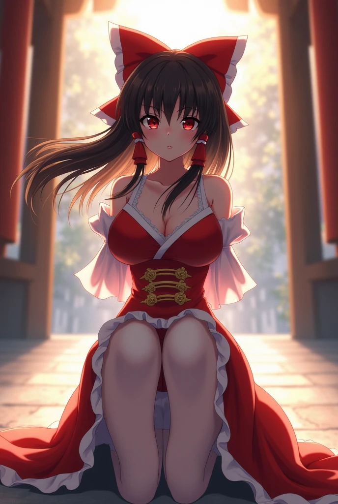 (Reimu Hakurei)(Anime)(Big Breasts)(Big Ass)(White Stockings)(Shrine maiden)(On all fours)(Beautiful legs)(From directly behind)(White pants)