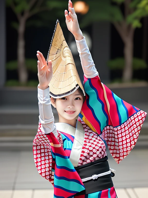 Photo-realistic quality、A 20-year-old Japanese woman dancing the Awa Odori dance、Traditional Bon Odori costumes based on white, White Arms、 White traditional costume, Japanese model, Cute playful pose of the dancer, Wearing a straw hat, Beautiful images, Traditional Costume、looking at the camera、Detailed and beautiful eyes、Cute smile、A soft and gentle look